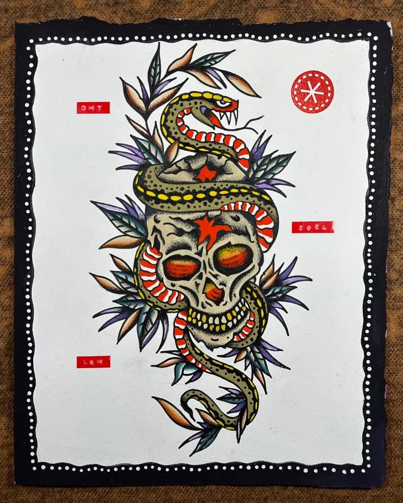 Snake & Skull — original painting by Buffalo tattoo artist Lowell Merritt